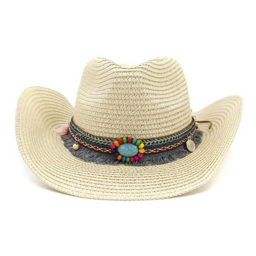 Turquoise Beaded Fringe Straw Sun Hat